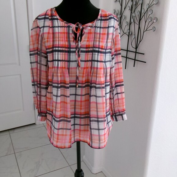 Tommy Hilfiger Plaid Loose Flowy Blouse Semi Sheer Sleeve Orange Pink Black S - Picture 1 of 10
